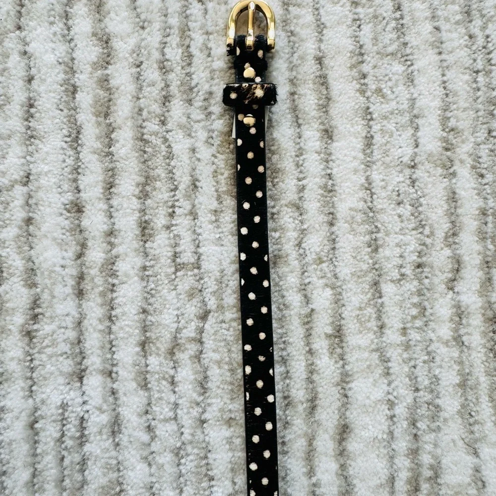 Ann Taylor Black Spotted Hair-On Faux Leather Skinny Belt Gold Buckle Sz small - Picture 2 of 5